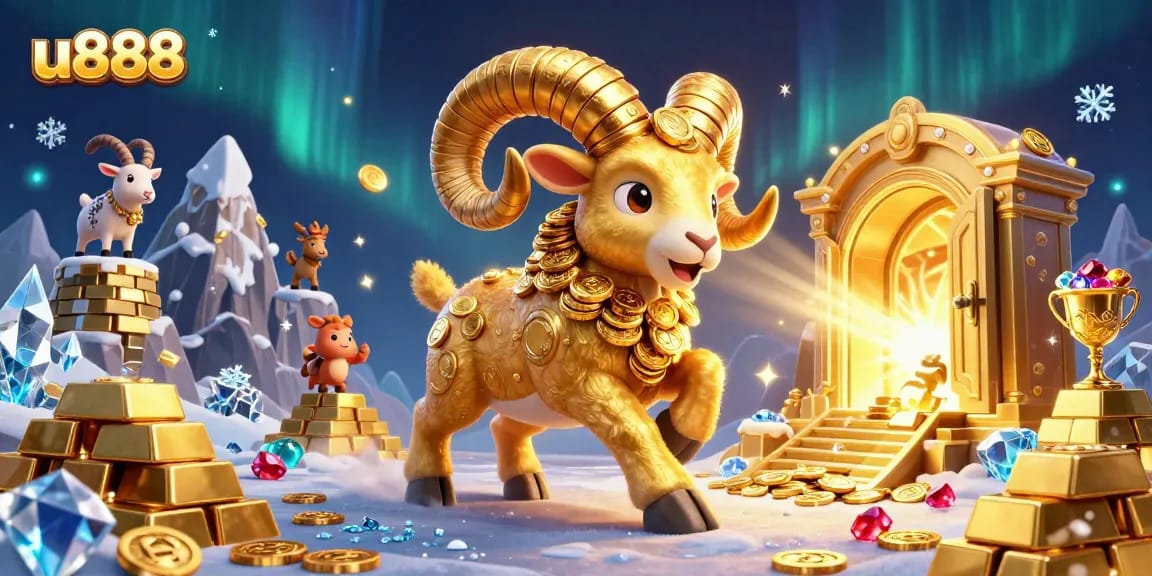 Experience epic excitement at u888 with a charging golden ram and treasures in a dazzling casino scene.