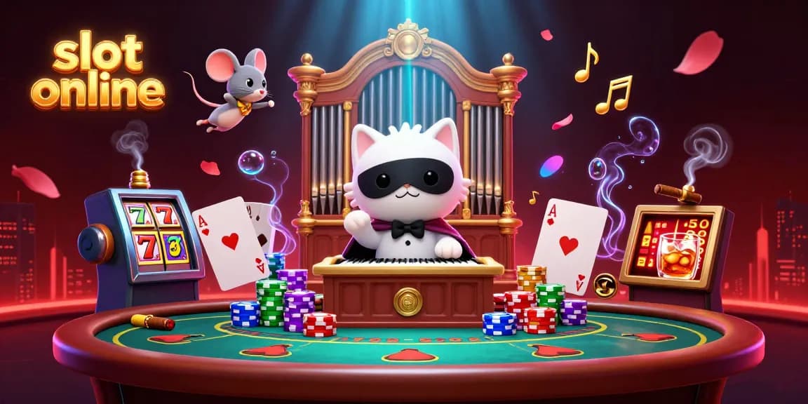 Bermain slot online dengan karakter kucing misterius dan mouse akrobat di lingkungan kasino yang meriah.