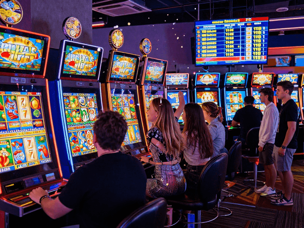 A young woman celebrates a winning slot jackpot with friends in an exciting gambling arcade filled with vibrant colors and festive lights.