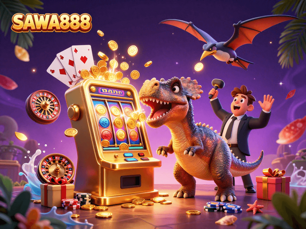 SAWA888 features a pachycephalosaurus winning jackpots at a vibrant casino scene.
