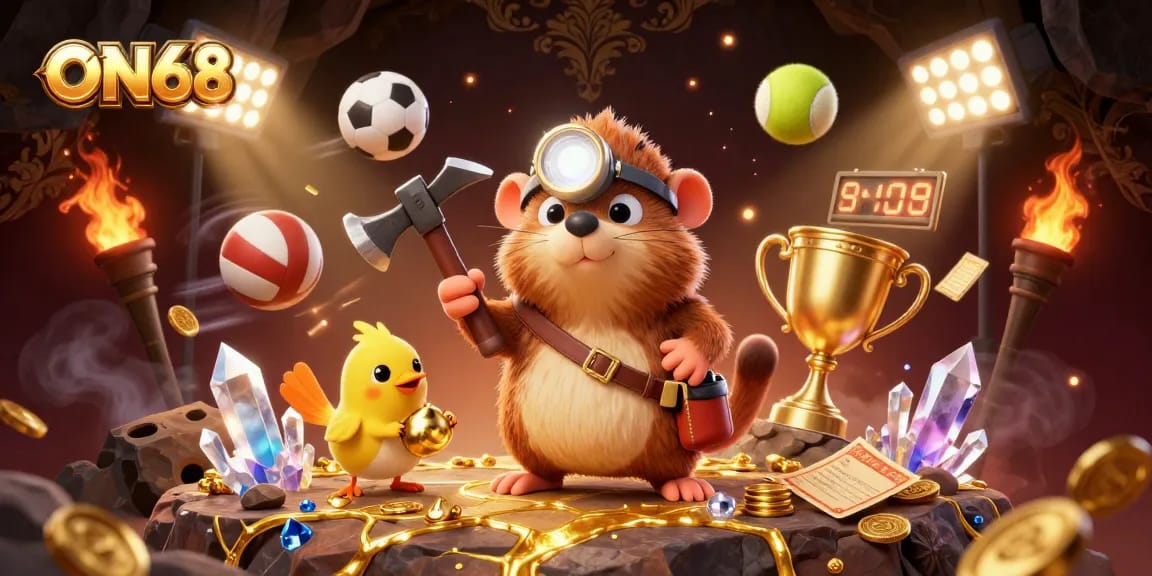Experience the excitement of ON68 with a treasure hunter character amidst dynamic sports elements and casino excitement.