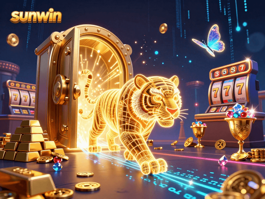 Experience thrilling wins with sunwin in this energetic 3D digital casino illustration.