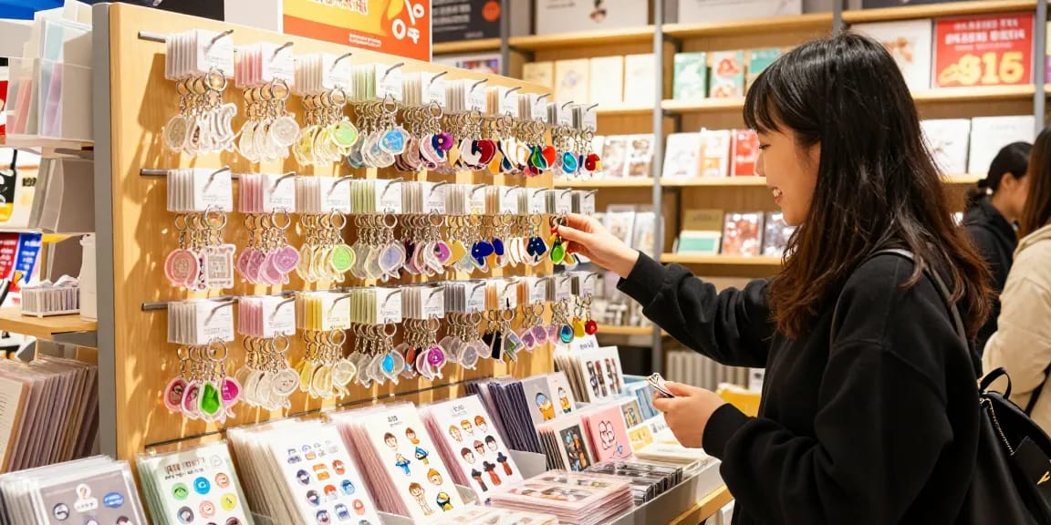 Custom keychains displayed in a vibrant shop scene, inviting shoppers with unique designs and warm lighting.