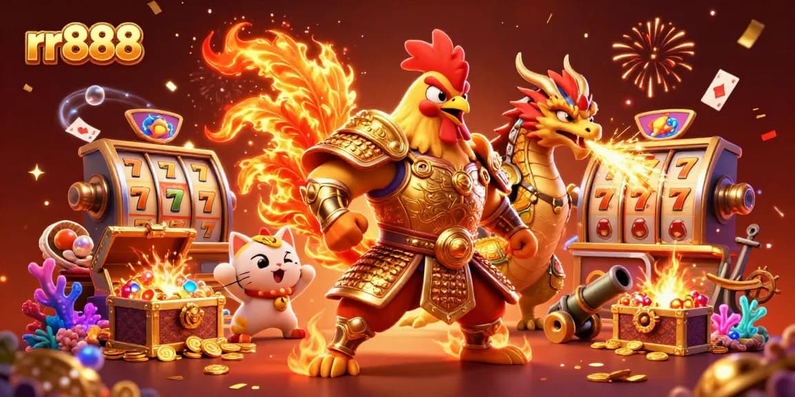 Experience the thrill of rr888 in this vibrant 3D casino scene featuring a fighting rooster, dragon, and treasures.
