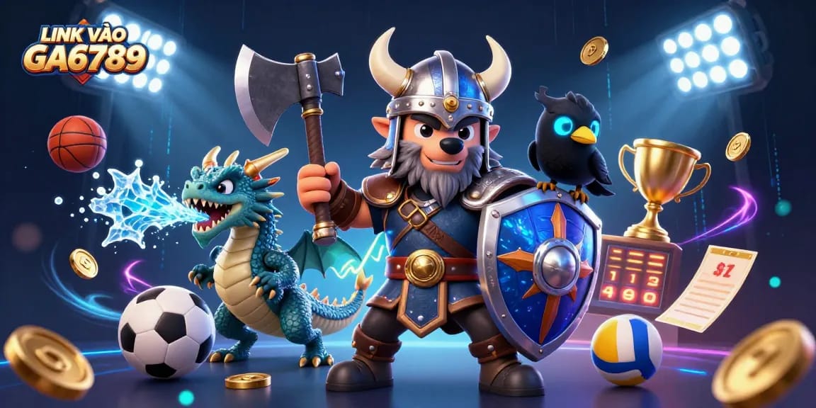 Engaging 3D illustration showcasing LINK VÀO GA6789 with a Viking wolf hero, a fierce dragon, and vibrant sports elements
