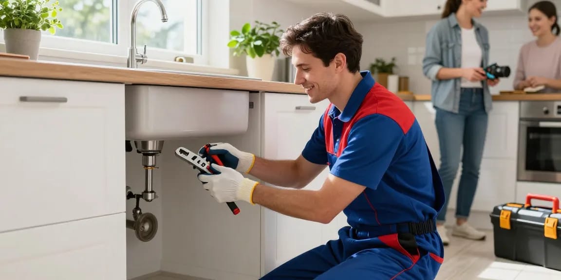 Milton Keynes plumber repairing a kitchen sink with a toolbox in a bright modern kitchen.