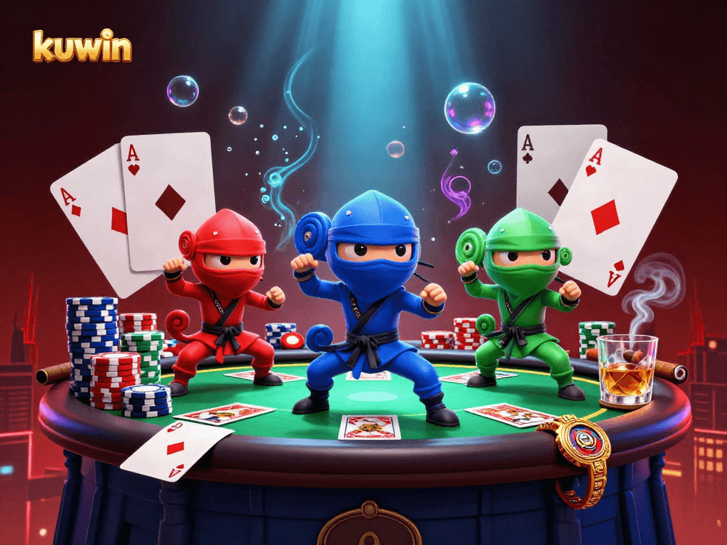 Kuwin showcases a ninja chameleon team in action at a lively poker scene filled with energy