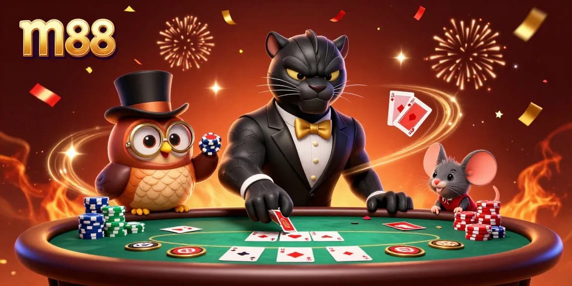 Engage in thrilling poker gameplay with m88, featuring a stylish panther dealer and vibrant casino elements.