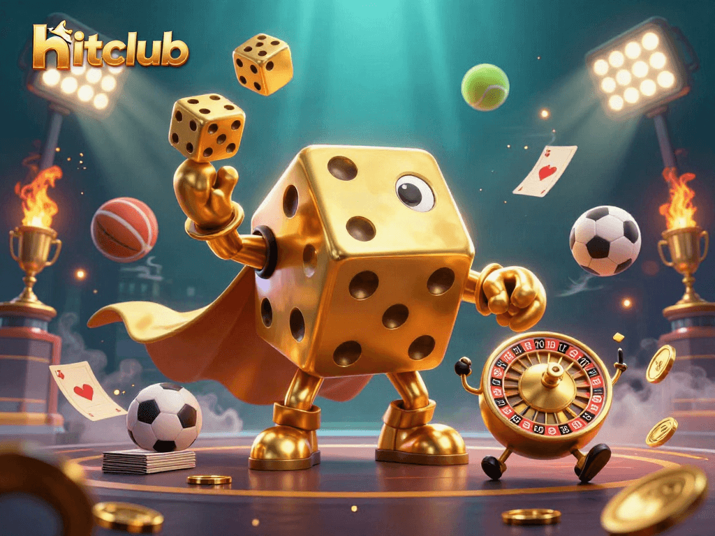 Experience hitclub gaming thrills with dynamic sports and casino-themed action in a vibrant 3D illustration.