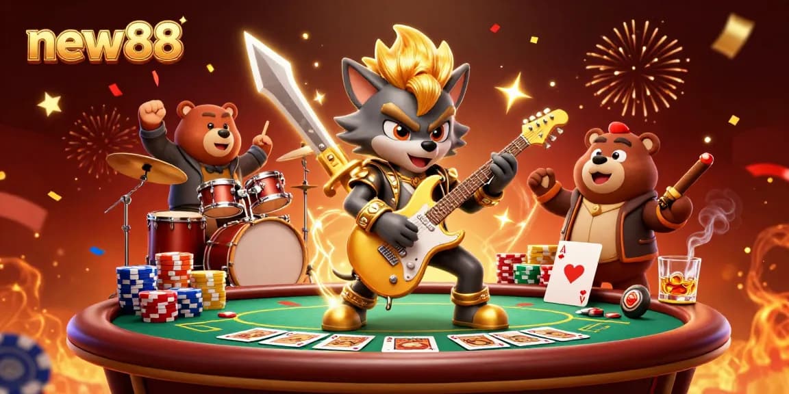 Experience the thrill of new88 with a vibrant 3D casino scene showcasing energetic gaming action.