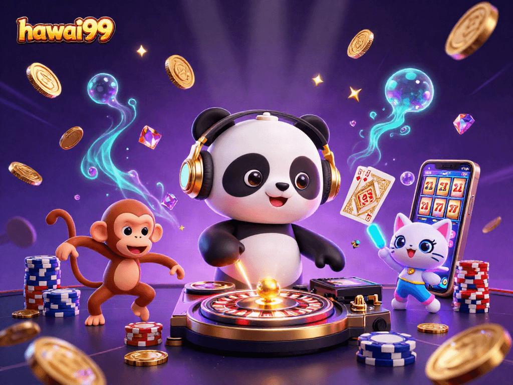 Experience gaming excitement with hawai99 as a DJ panda spins in a vibrant, neon casino scene.