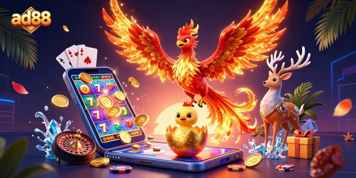 Experience ad88's thrilling slots with vibrant casino characters and dynamic game elements.