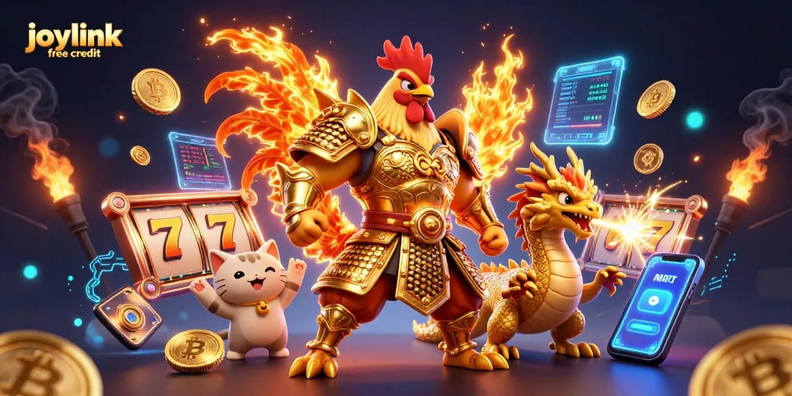 Spin the reels with joylink free credit at bustling casino slots featuring cartoon warriors and vibrant gold motifs.