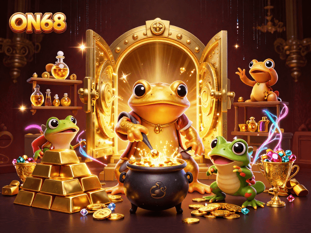 Experience the luxury of ON68 with golden alchemists and treasures in a vibrant casino scene.