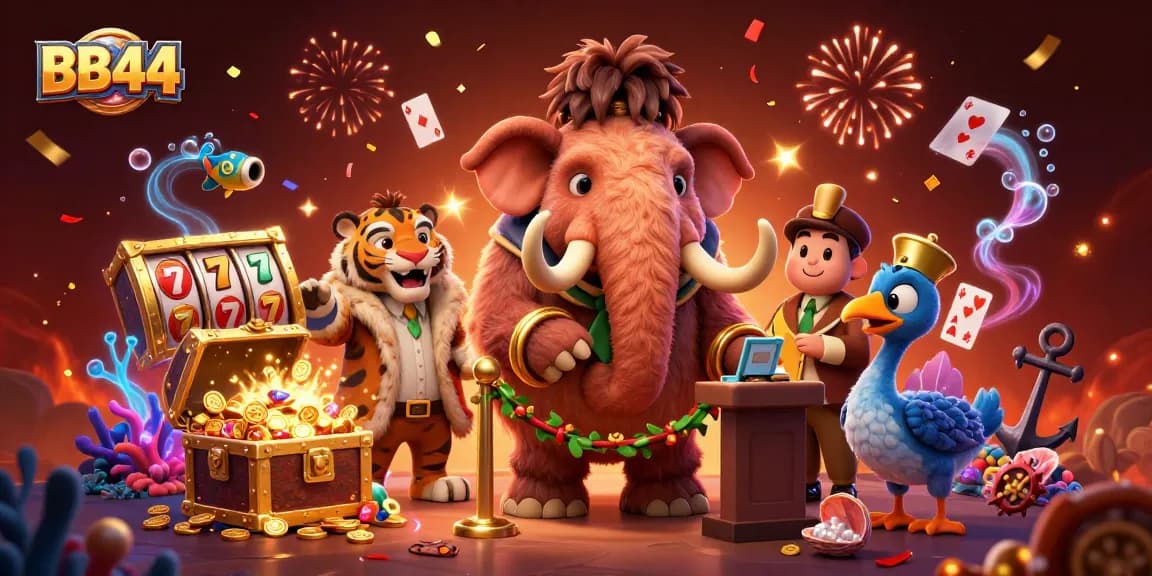 Experience the vibrant BB44 casino scene with a mammoth bouncer checking IDs amidst stunning slots and treasures.