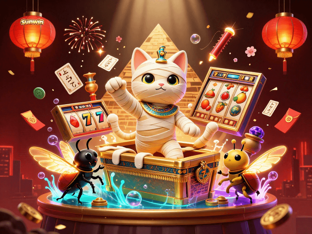 Win big with sunwin in this vibrant casino scene featuring a mummy cat and jackpot elements.