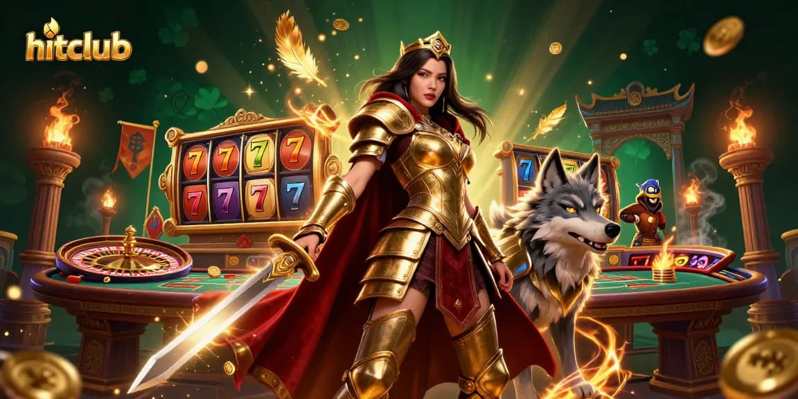 Play thrilling games at hitclub with a warrior queen and her wolf companion in a vibrant casino scene.