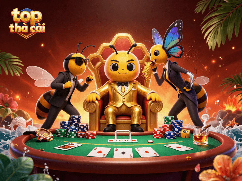 Experience top nhà cái with a thrilling poker scene featuring animated characters and vibrant casino elements.