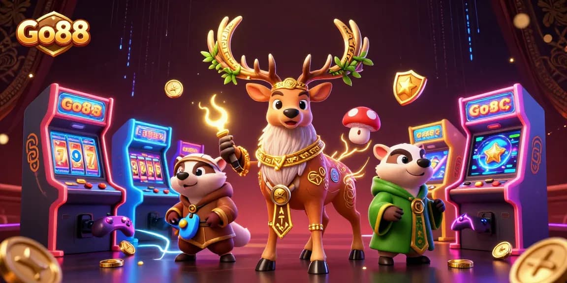 Engage with Go88's vibrant casino scene, showcasing games and magical elements in an enchanting 3D illustration.