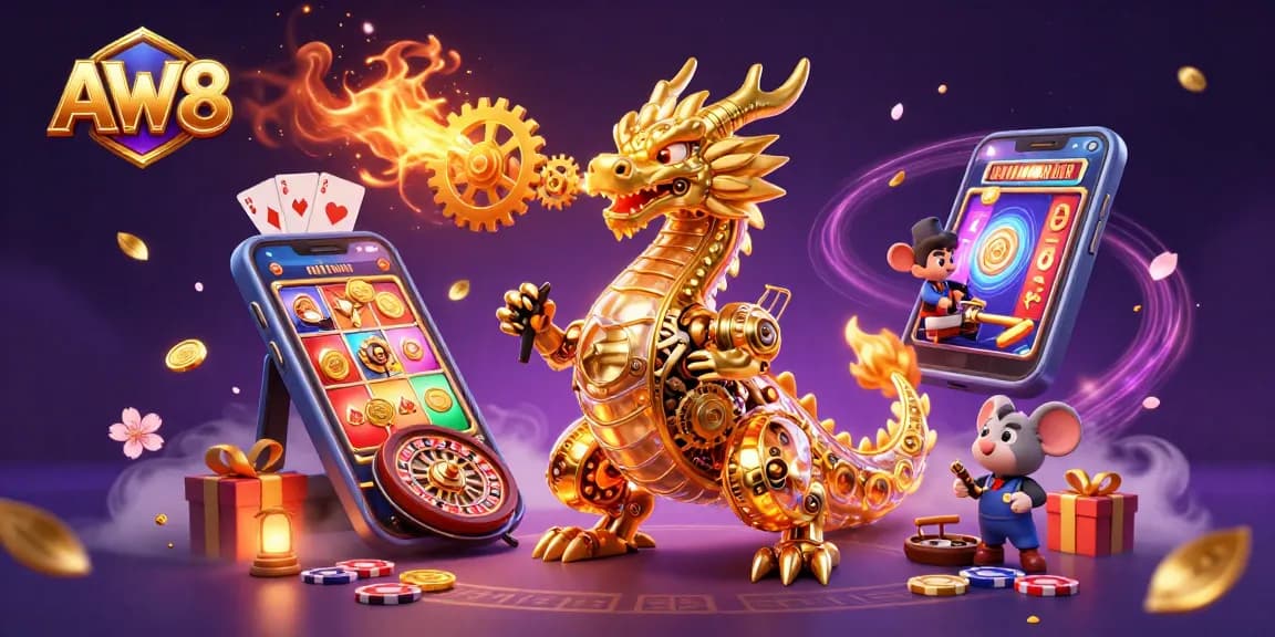 AW8's golden dragon breathes gears amidst a vibrant gaming scene filled with slot games and poker elements.