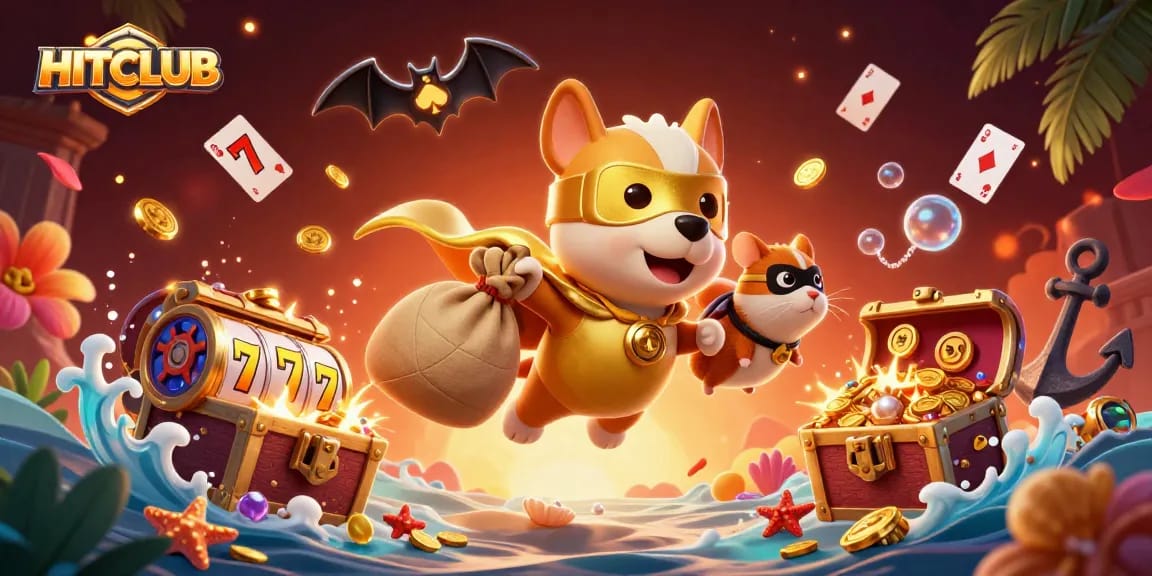 Join HITCLUB's adventure with a superhero dog and riches in this vibrant casino-themed illustration.