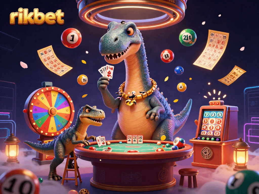 Engage with the vibrant rikbet casino scene featuring a towering brontosaurus among thrilling game elements.