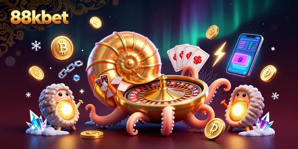 88kbet's vibrant gaming scene showcases ancient nautilus, crypto coins, and casino cards in action.