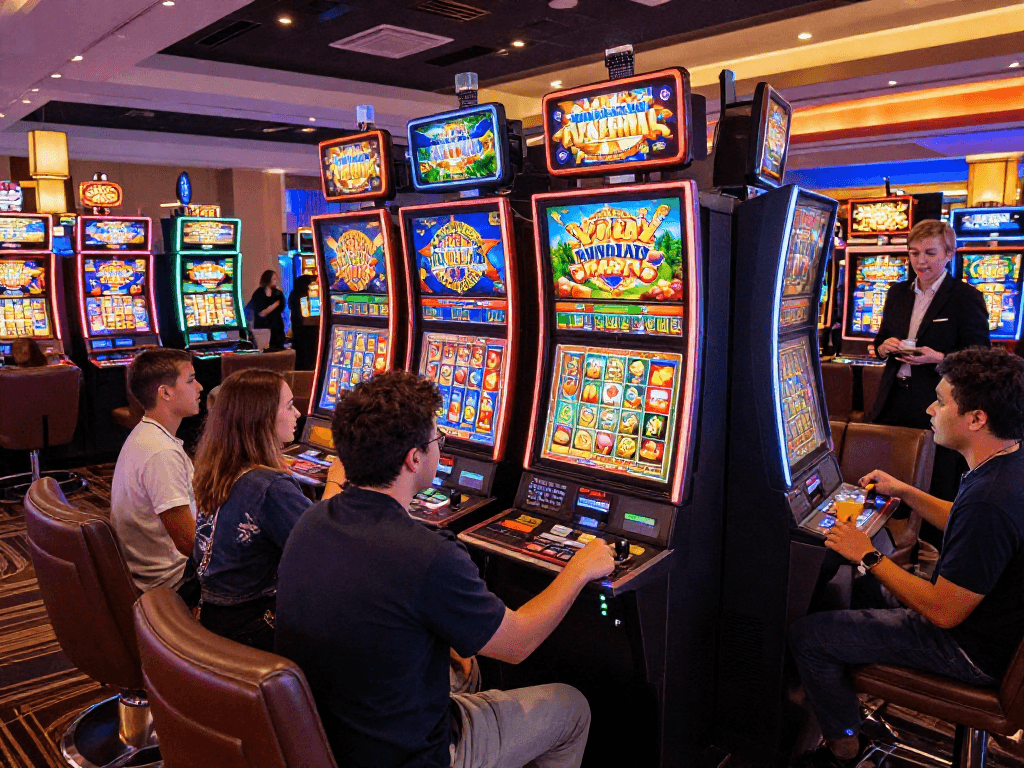 Exciting casino gaming scene showcasing slot jackpot machines with vibrant displays and enthusiastic players.