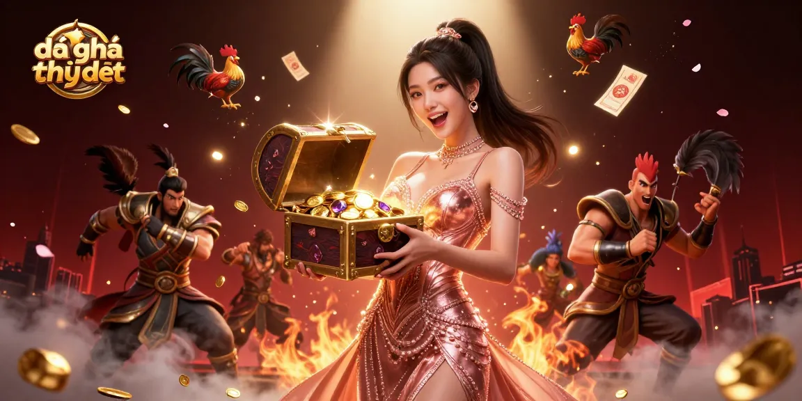 Engage in đá gà trực tiếp with thrilling elements from our vibrant gambling scene featuring an excited woman revealing treasures.