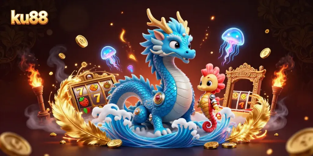Play enchanting slot games with ku88's ocean-themed characters in a vibrant casino scene.