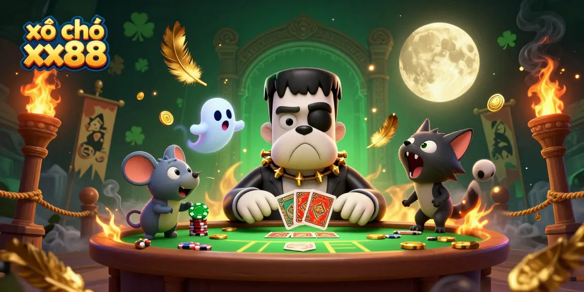 Experience thrilling action with xổ số xx88, as a bulldog monster deals cards with exciting gold accents.