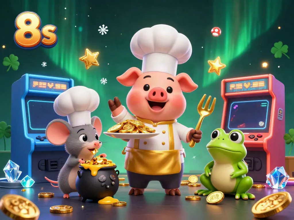 Engage in thrilling 8s gameplay with a chef pig presenting shiny gold coins, surrounded by casino elements and dynamic characters.
