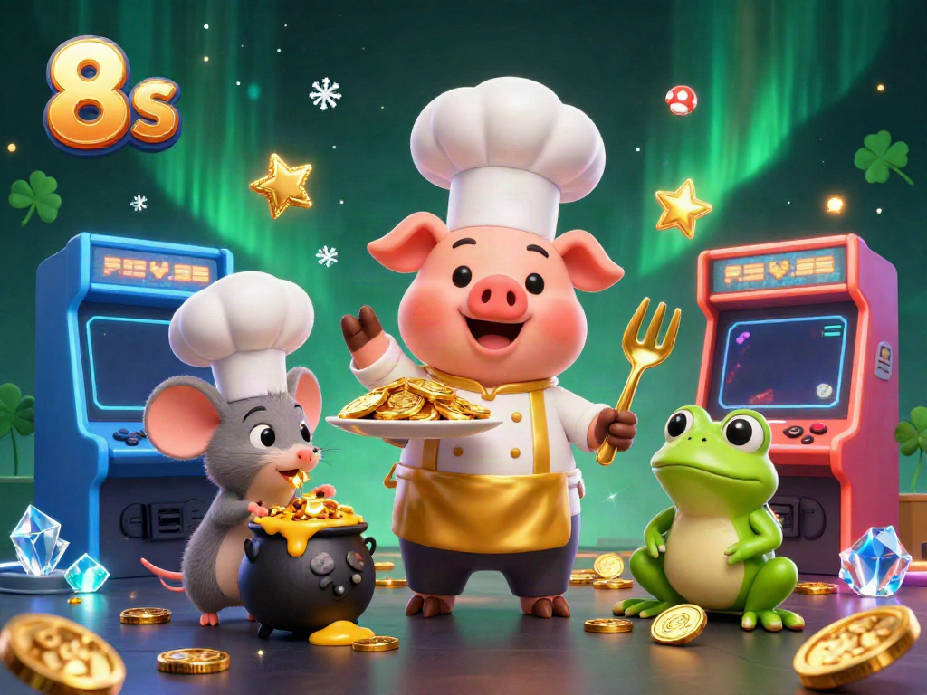 Engage in thrilling 8s gameplay with a chef pig presenting shiny gold coins, surrounded by casino elements and dynamic characters.