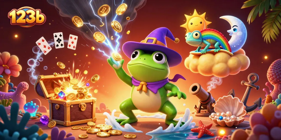Winning big at 123b casino with a weather wizard frog and rainbow chameleon in a vibrant scene
