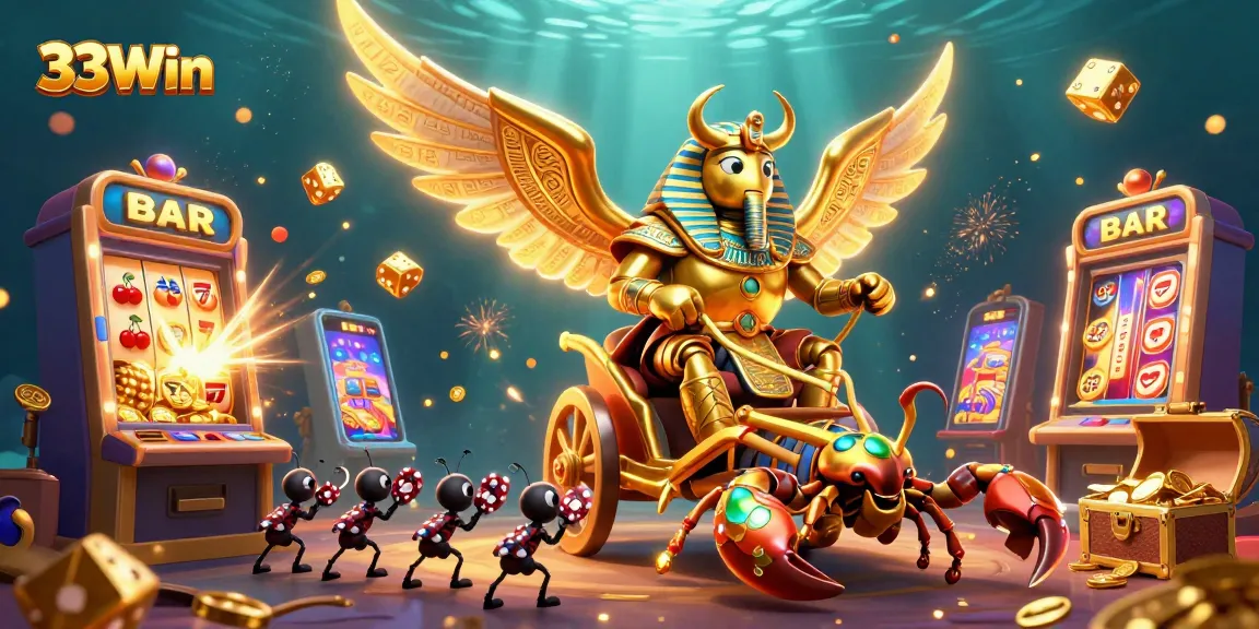 33Win casino scene featuring golden scarab beetle and scorpions surrounded by jackpot elements.