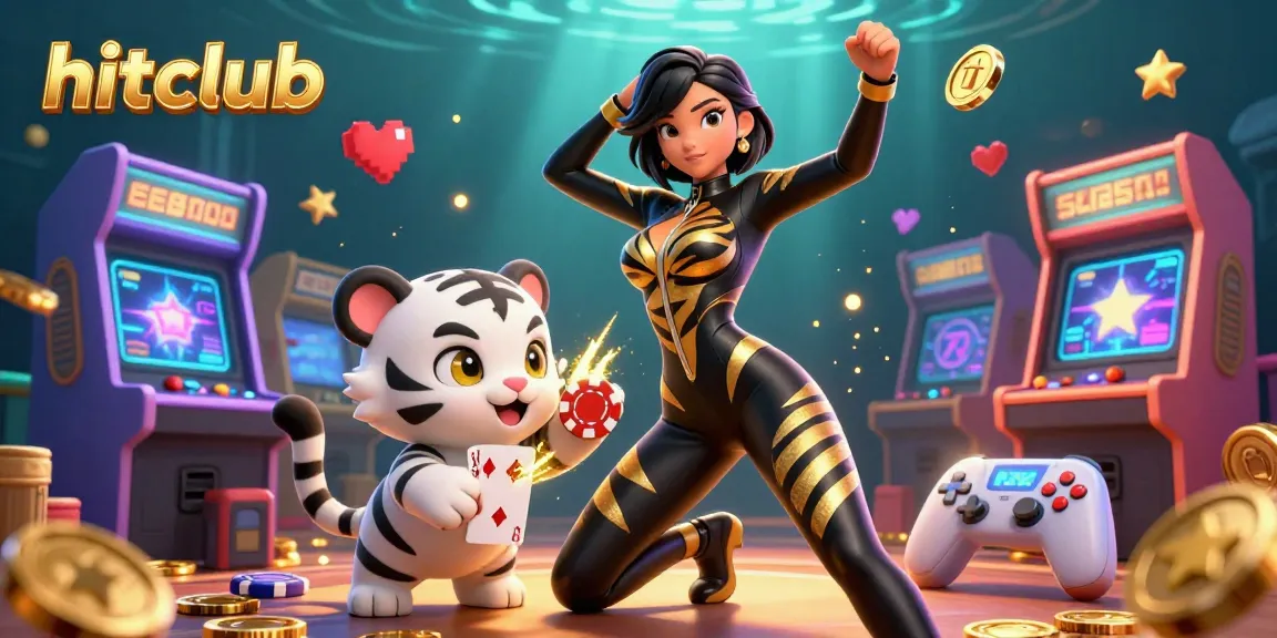 Witness a thrilling moment at hitclub as a cat-suited woman performs acrobatics with a playful tiger, surrounded by vibrant casino games.