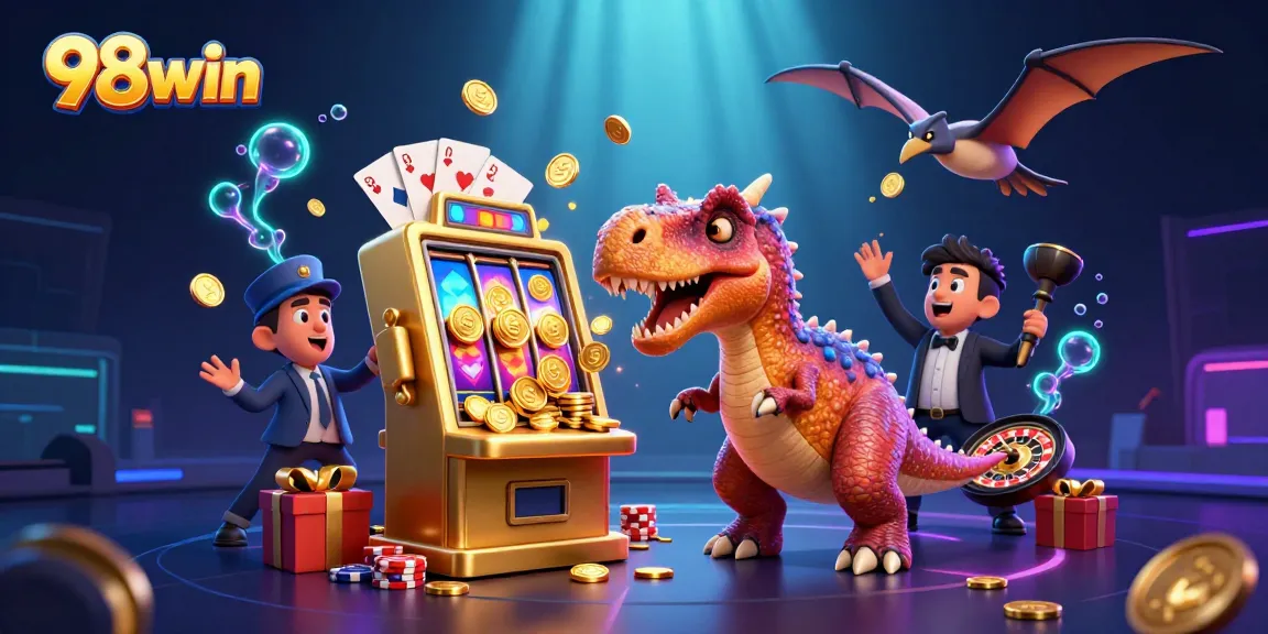 Experience thrilling jackpots at 98win with cartoon dinosaurs winning coins and games.