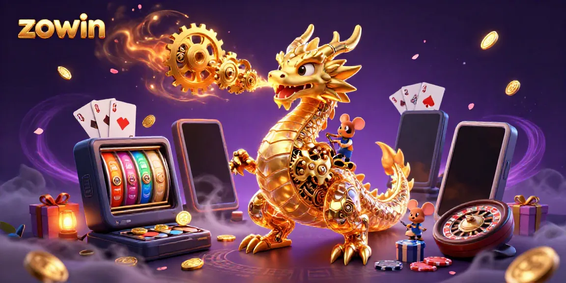 Experience excitement at Zowin with a golden dragon and dynamic casino games illustration.