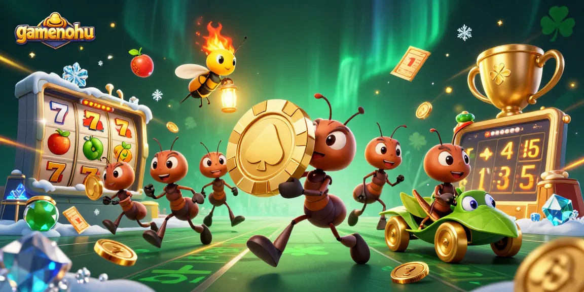 Engage in the exciting world of gamenohu with a vibrant illustration of ants on a heist for golden chips.
