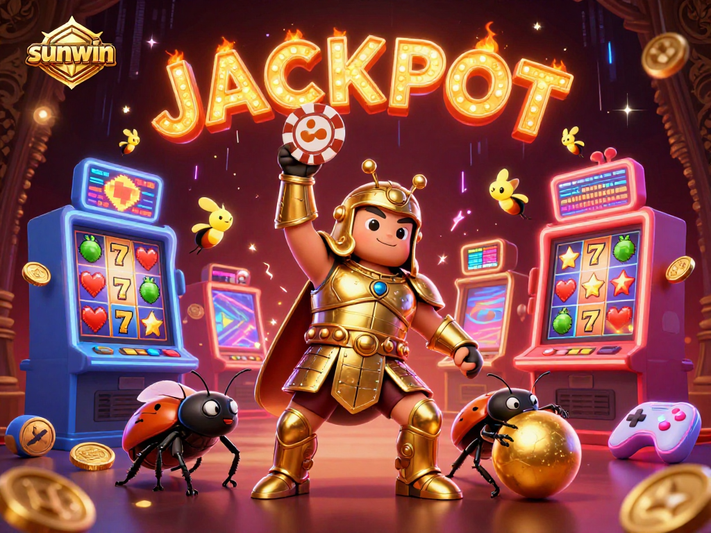 Win big at sunwin with a vibrant scene of victory in a casino showcasing poker chips and slot machines.