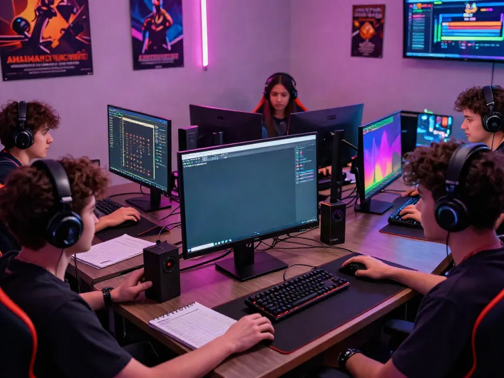 Diverse players intensely engaging with amanahtoto online gaming statistics in a cozy gaming setup.