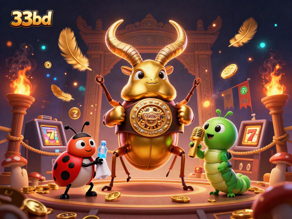 Engage in thrilling casino action with 33bd as the golden stag beetle battles in a vibrant scene.