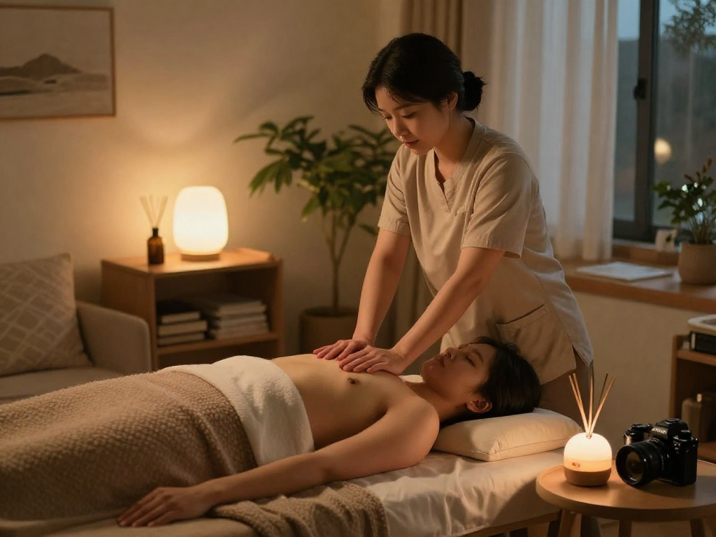 시흥출장마사지 being performed in a cozy home environment with a professional therapist.
