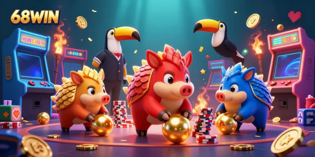 Compete with 68WIN's dynamic pangolins bowling through poker chips in a vibrant casino.
