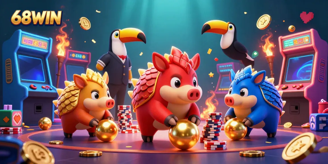 Compete with 68WIN's dynamic pangolins bowling through poker chips in a vibrant casino.