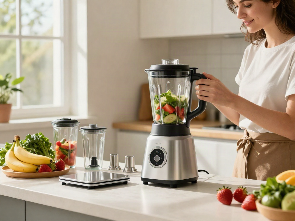 Making smoothies with a powerful blender, showcasing Blender price in bangladesh features in a bright kitchen.