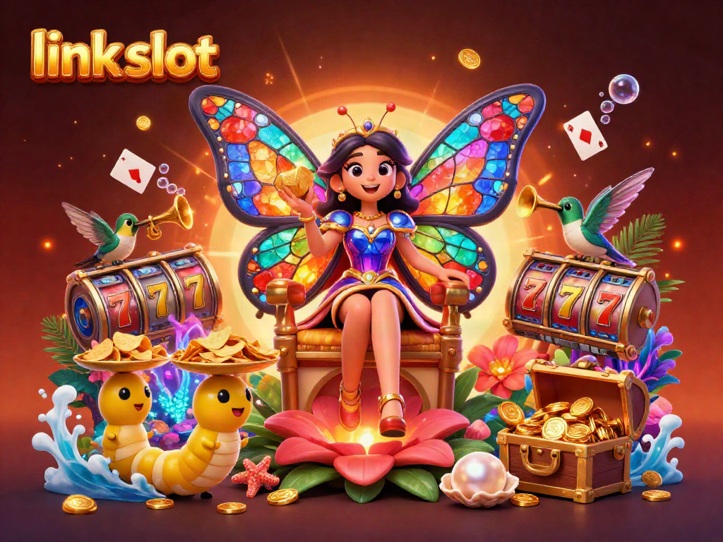 Witness the excitement of link slot gaming with vibrant characters and dynamic slot elements in a stunning scene.