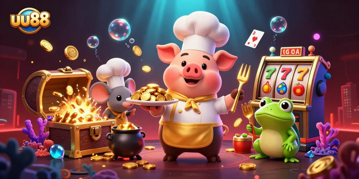 Join the excitement at uu88 with a 3D scene of a chef pig serving gold coins, surrounded by vibrant casino elements.