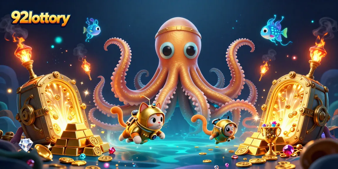 Engage with the 92lottery excitement featuring a kraken, diving cat, and treasure in a vibrant 3D scene.