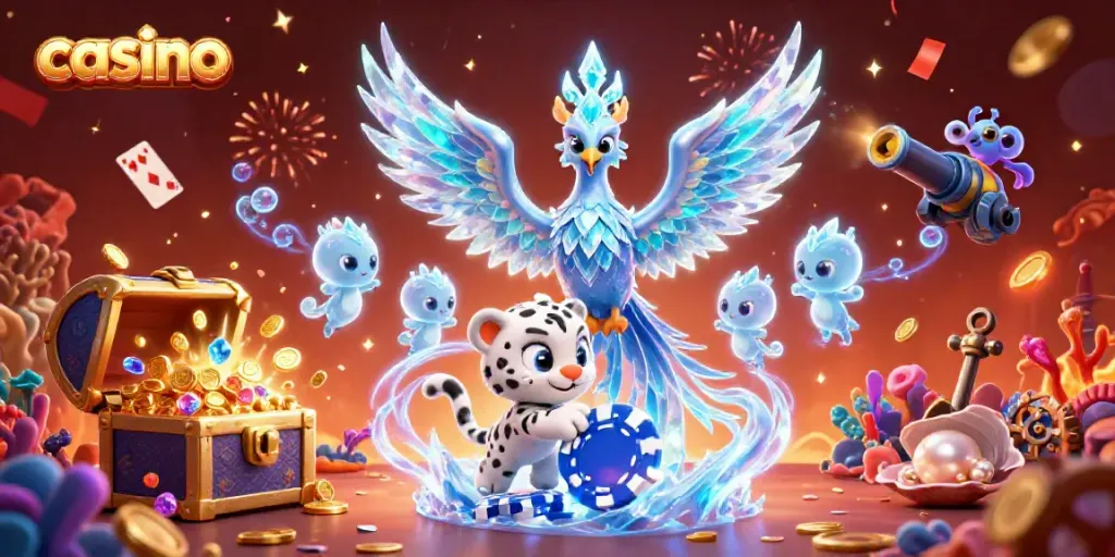 Engaging 3D casino scene showcasing a vibrant ice phoenix and snow leopard cub, celebrating winnings.